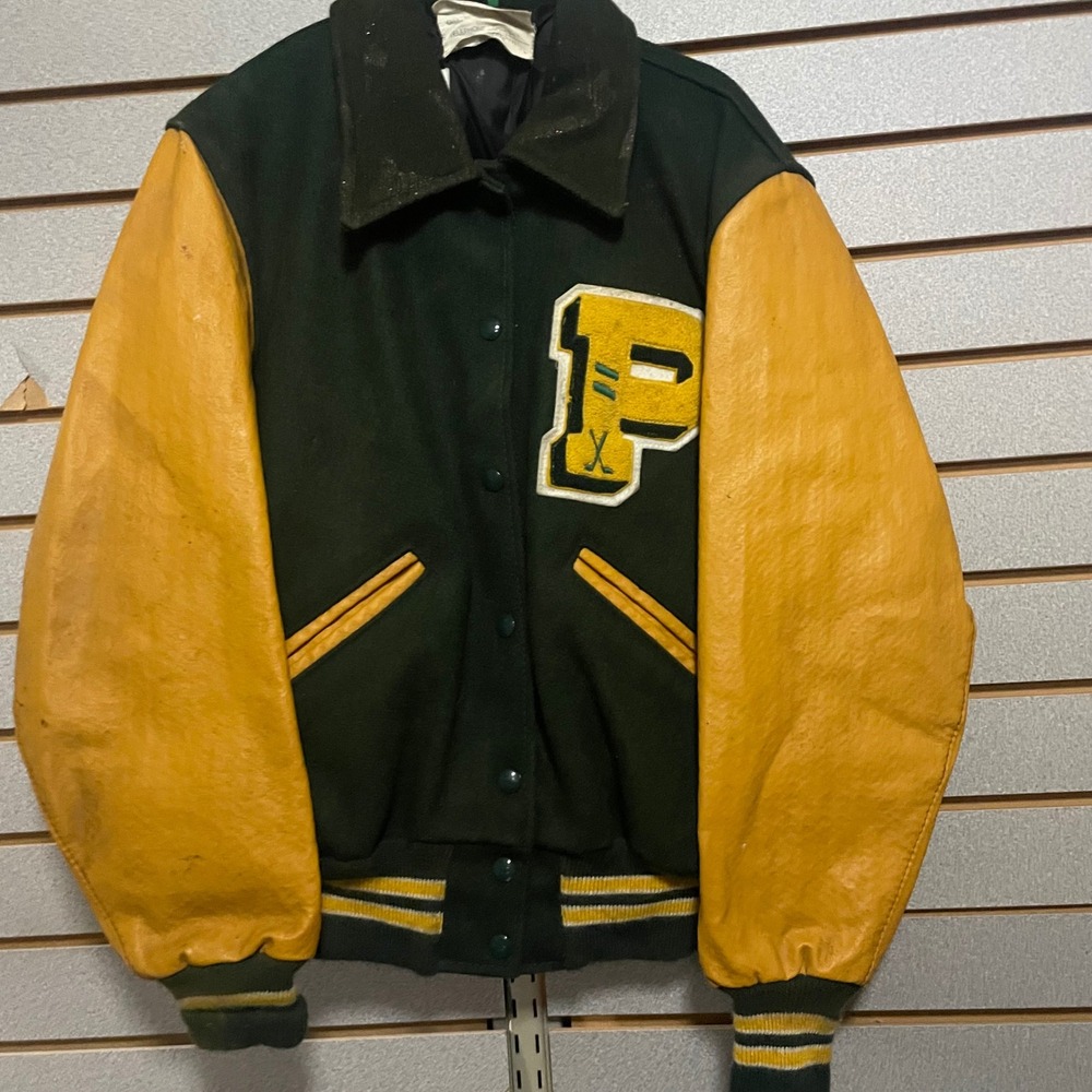 Vintage Varsity Letterman Jacket Green Yellow Leather Wool Patch P‎ Hockey Mens